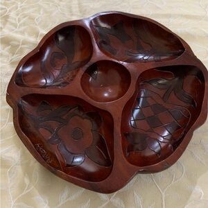 Vintage MCM Hand-Carved Wood 5-Compartment Serving Tray Aruba Folk Art 11”